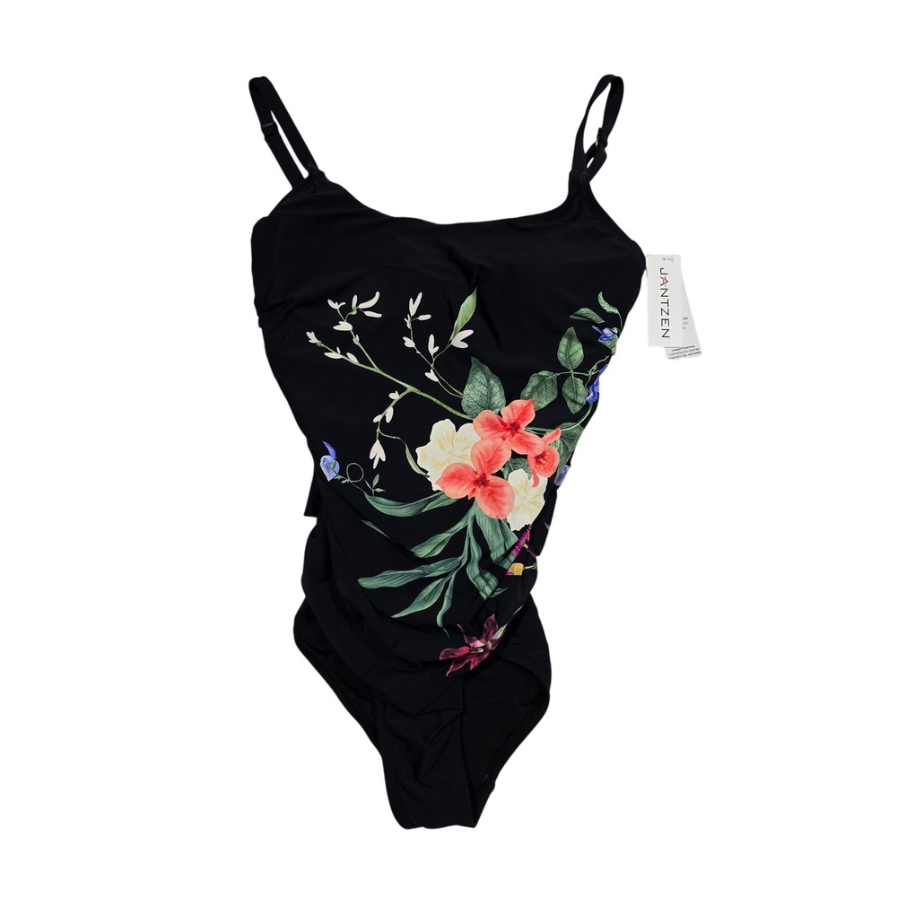 Jantzen Floral One Piece Swimsuit  10 Black Tummy Control Twist Back JZ24744M